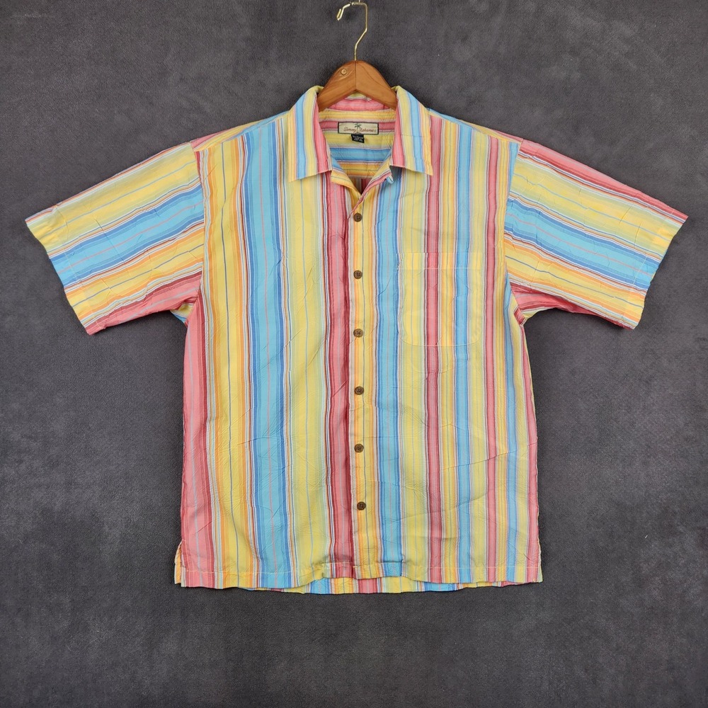 Vintage Tommy Bahama Camp Shirt Mens Medium Yellow Striped Crinkle‎ Lightweight